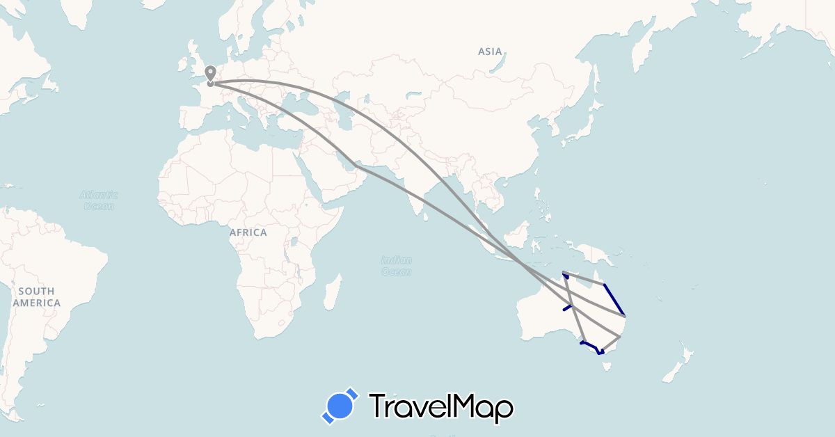 TravelMap itinerary: driving, plane in United Arab Emirates, Australia, France, Singapore (Asia, Europe, Oceania)